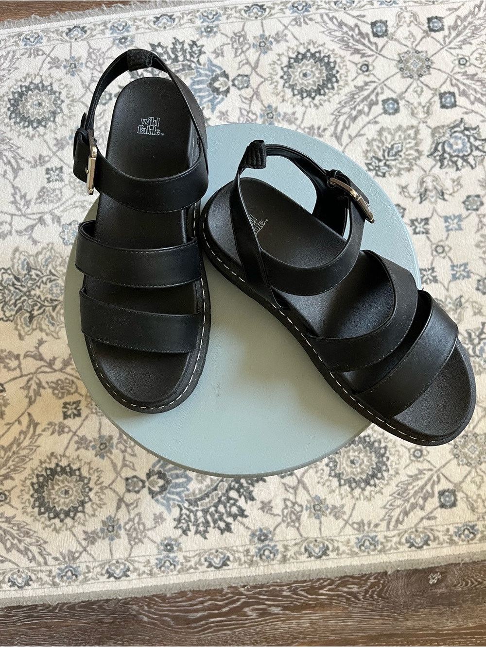 Wild Fable Black Triple-Strap Buckle Sandals with Contrast Stitch